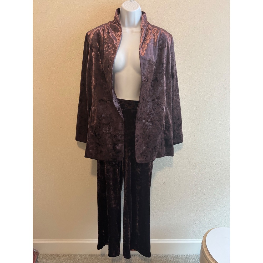Chico's Velvet Suit Set Women 1 M Plum Purple Crushed Open‎ Blazer Wide Leg Pant